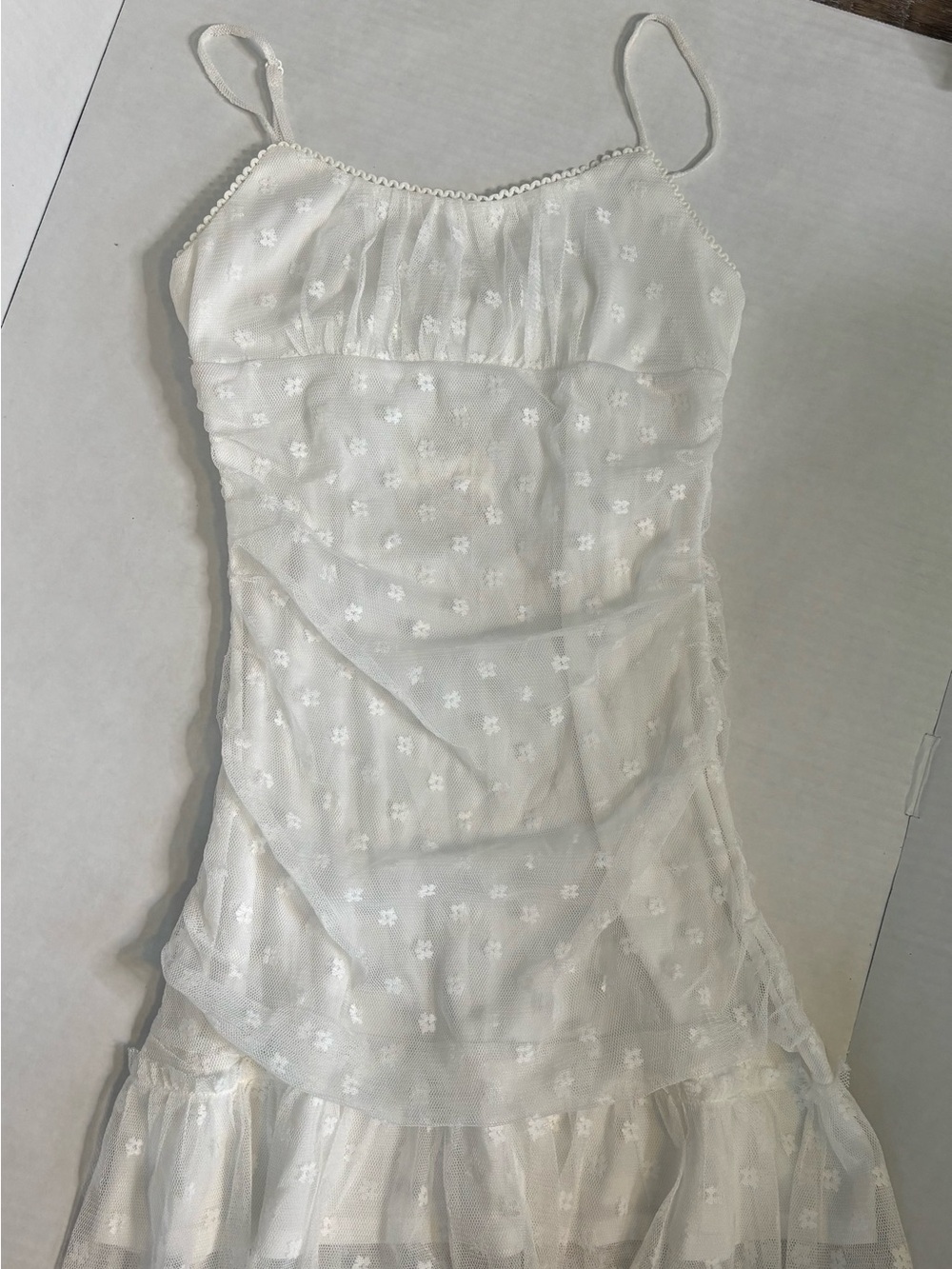 NWT Altar'd State Romantic White Sheer Lace Floral Mini Ruched Sheath Dress